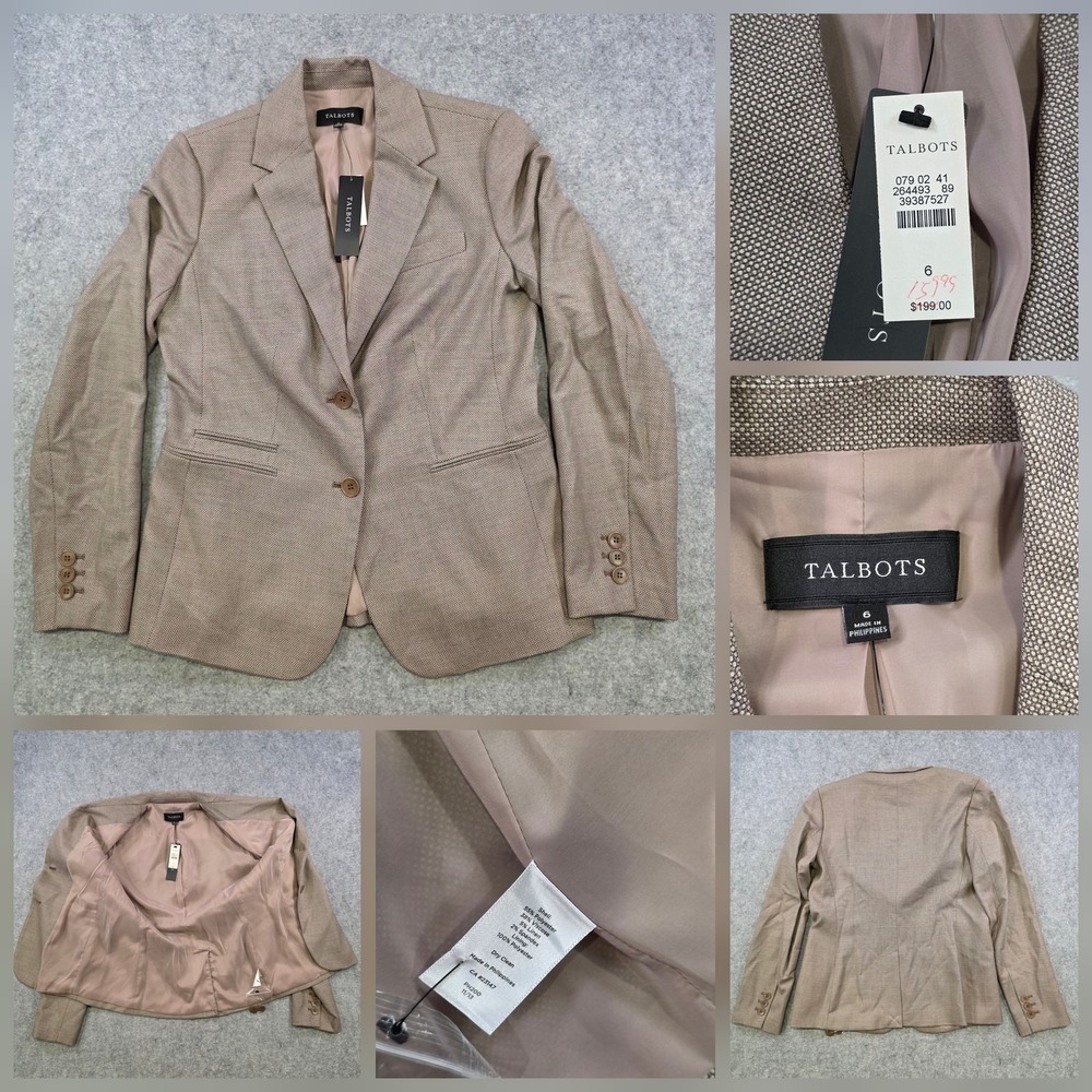 Talbots Blazer Womens 6 Beige Geometric Lined Stretch Suit Work Jacket